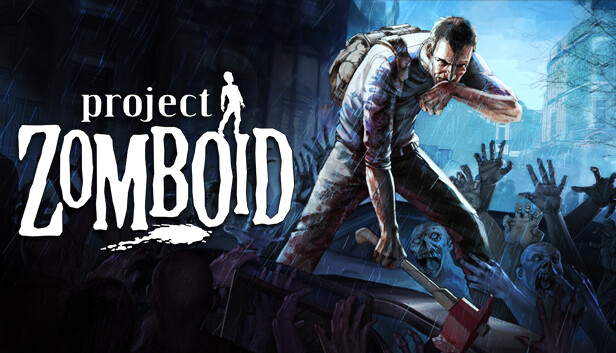 Project Zomboid Key Art mit Schriftzug: ein Überlebender mit Rucksack und Axt steht im Regen auf einem Autodach, umringt von einer Zombiehorde
