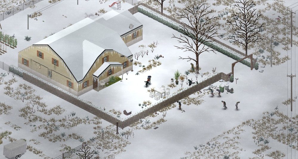 Ein tief verschneites Haus mit Garten, der Charakter läuft über den Hof, am Zaun stehen einige Zombies im Schnee