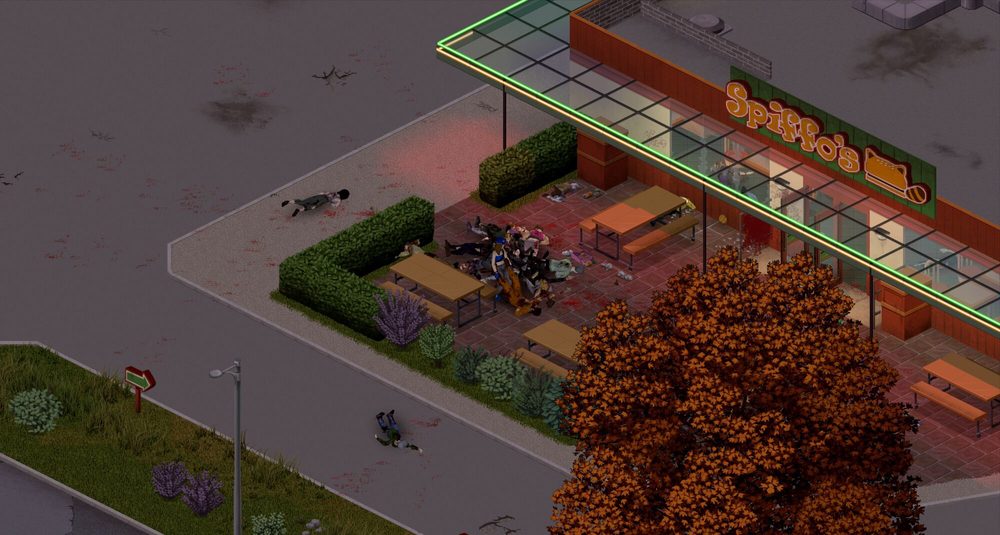 Die Terrasse eines Spiffo's-Schnellrestaurants voller Leichen und Blutspuren, davor ein orangefarbener Herbstbaum